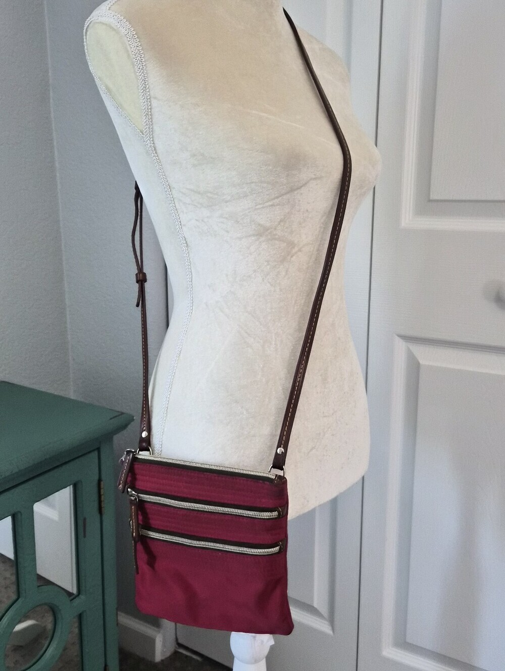 Dooney & Bourke North South Triple Zip Crossbody Bag Red Nylon Preppy Classic